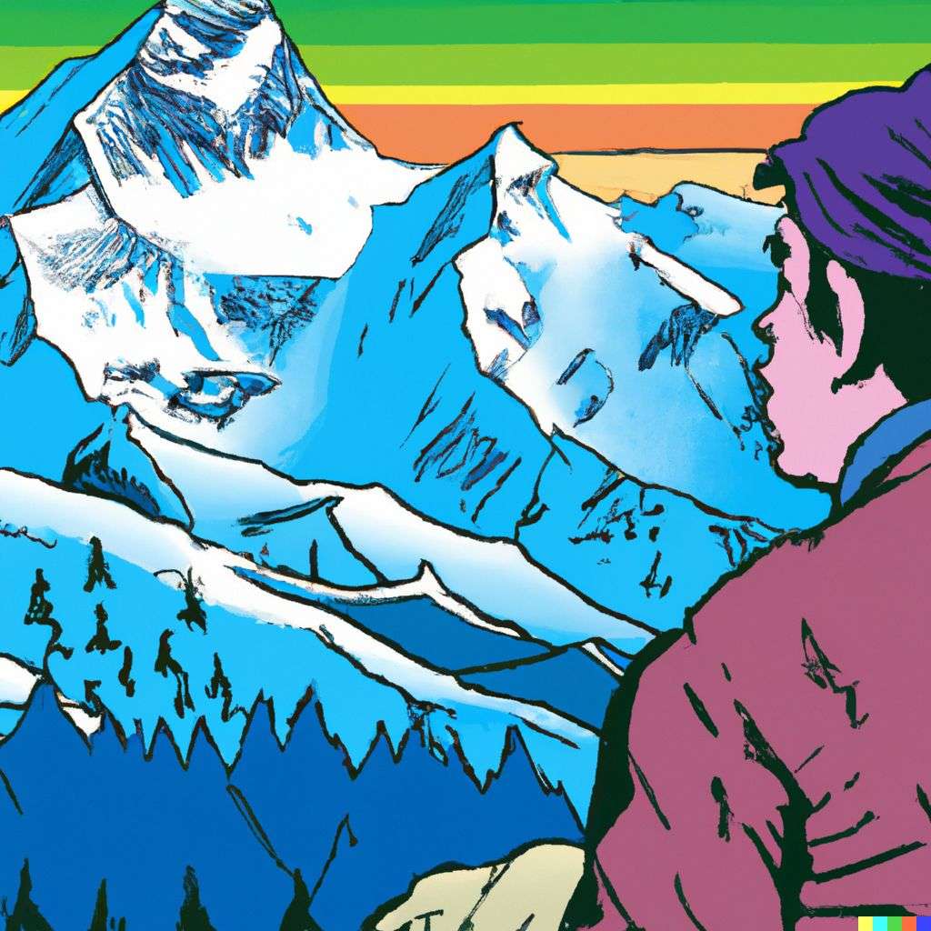 someone gazing at Mount Everest, retro comic art, triadic color scheme